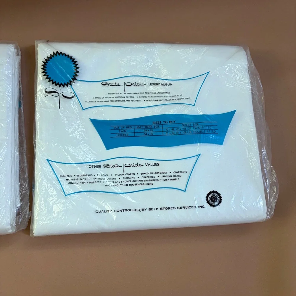 Vintage State Pride Twin Flat Sheets Set 2 100% Cotton White Luxury‎ Muslin NOS